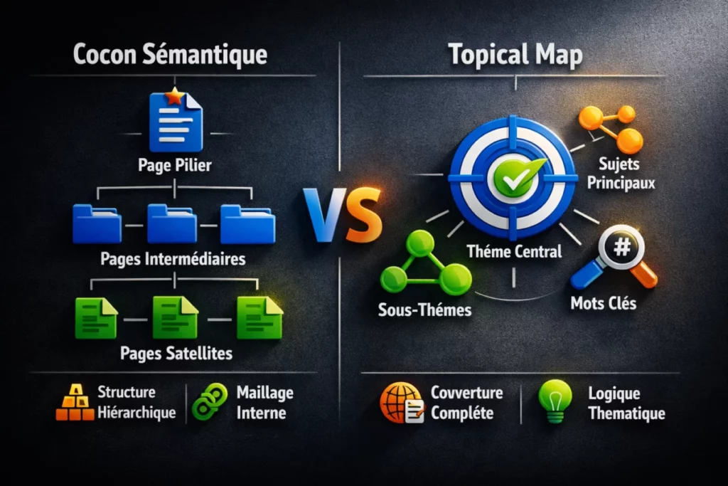 différence cocon et topical map — Différence entre cocon sémantique et topical map : ce qui change vraiment