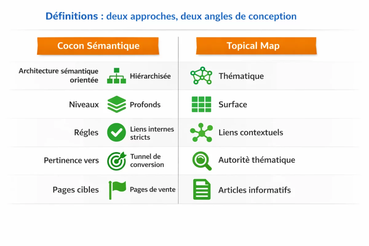 différence cocon et topical map — Définitions : deux approches, deux angles de conception