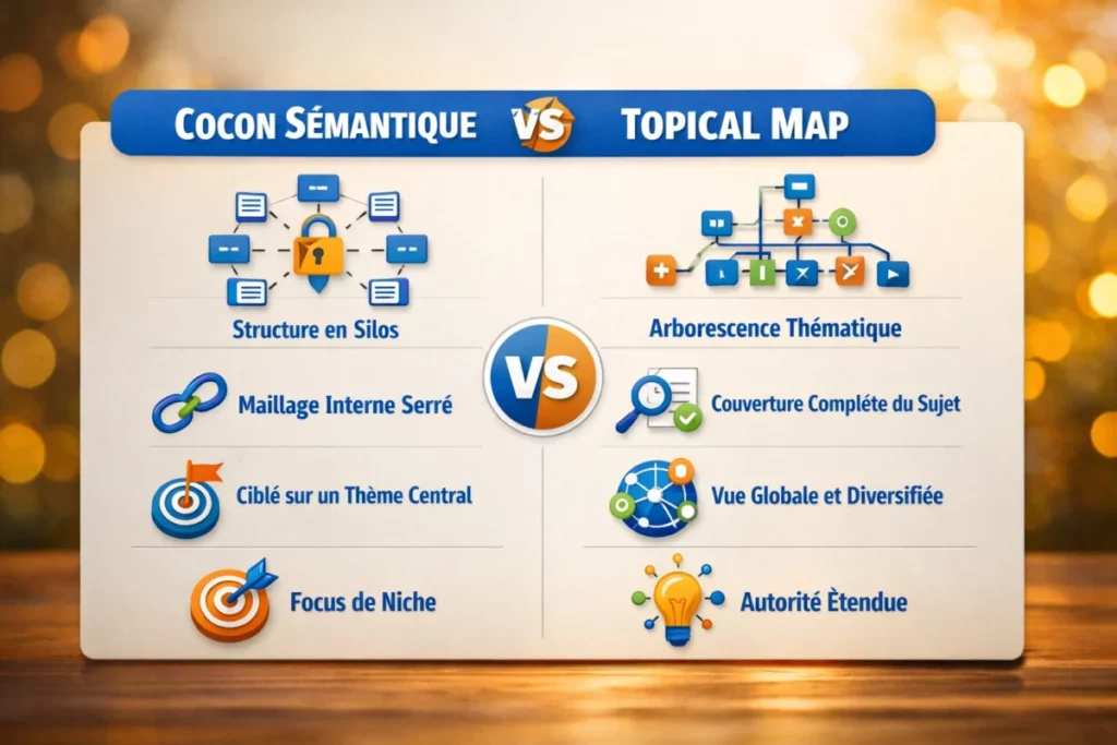 différence cocon et topical map — Différence cocon et topical map : objectifs, livrables, impacts SEO