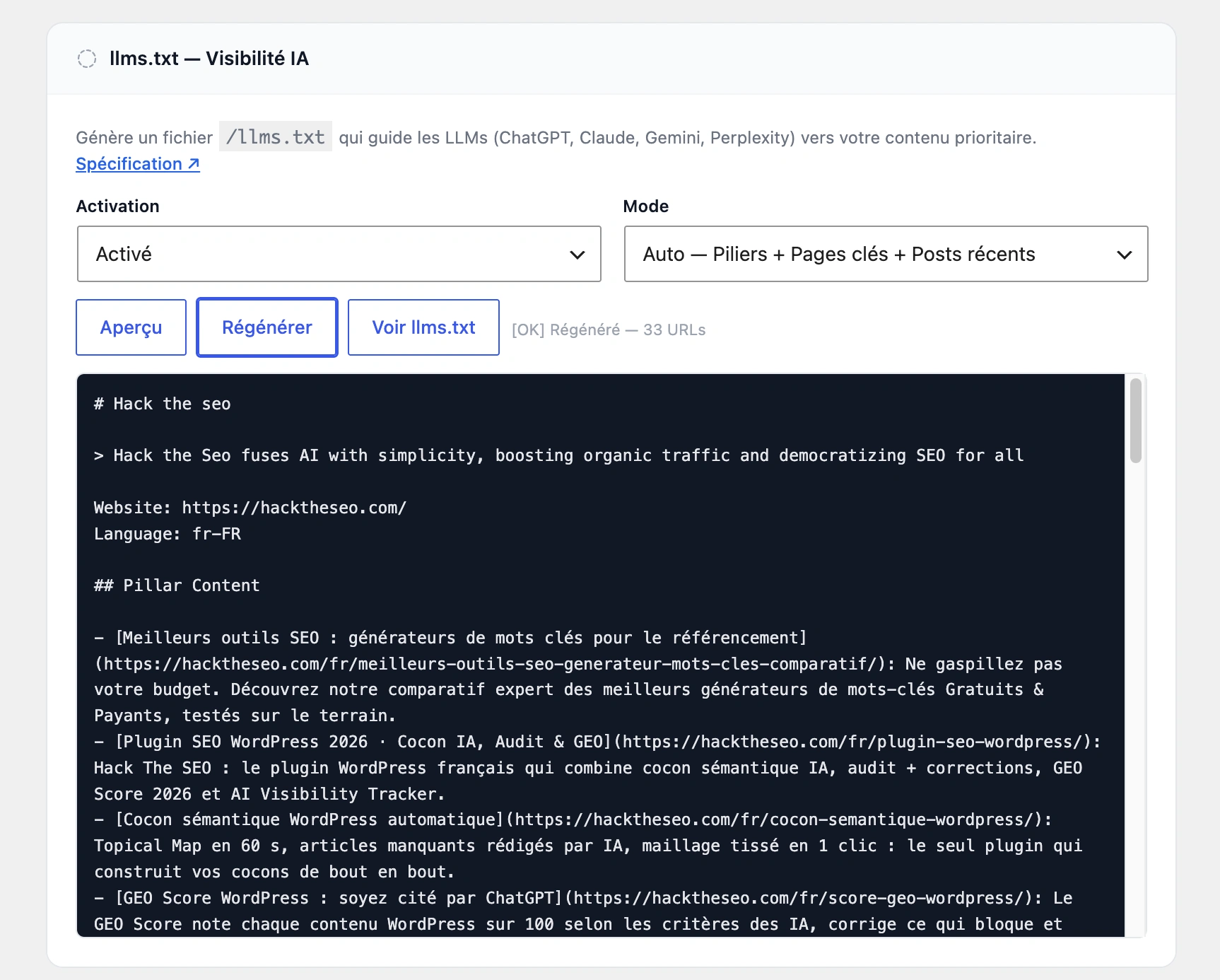 llms.txt WordPress: generating the file in the Hack The SEO plugin