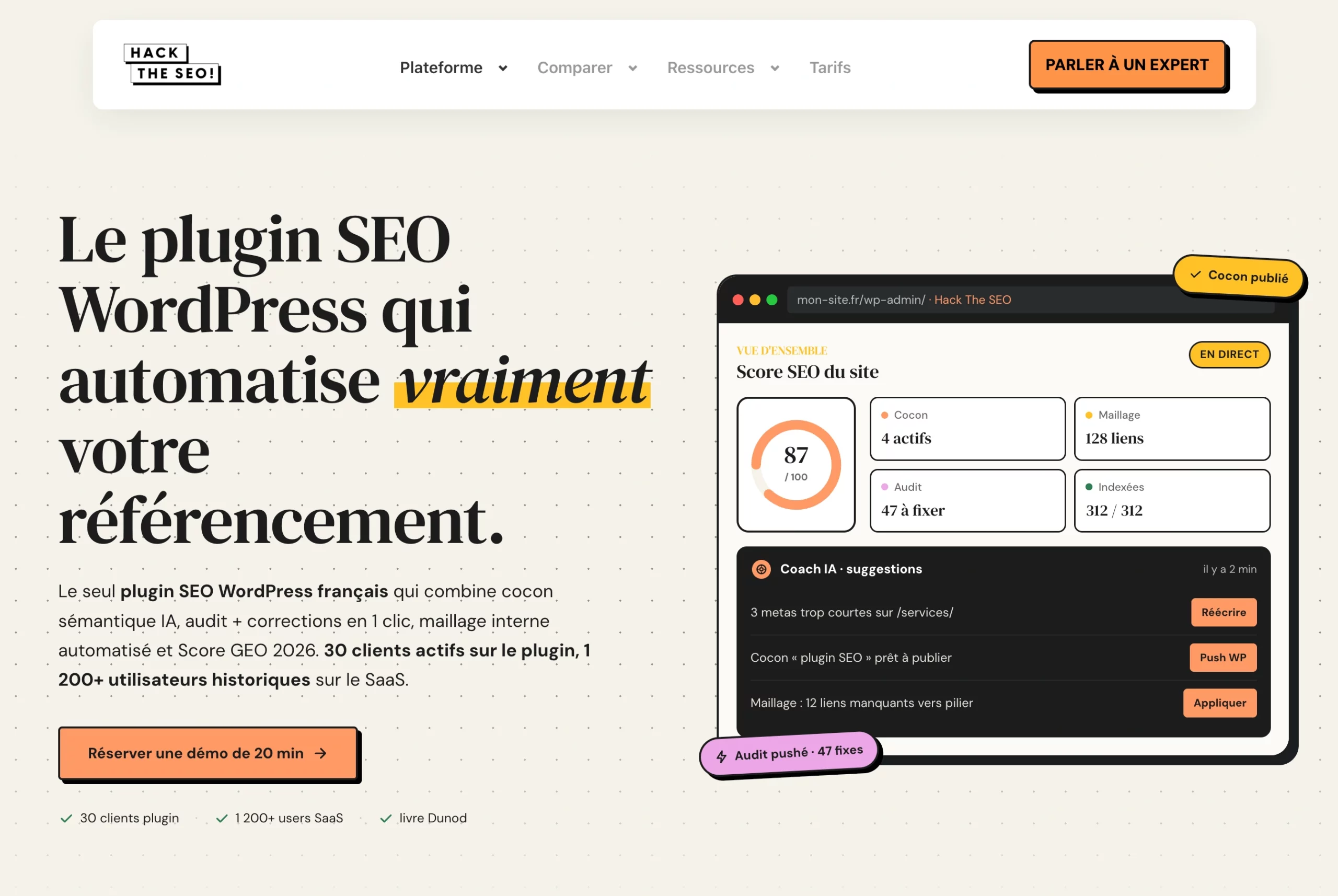 Hack The SEO WordPress plugin interface — Dashboard and modules