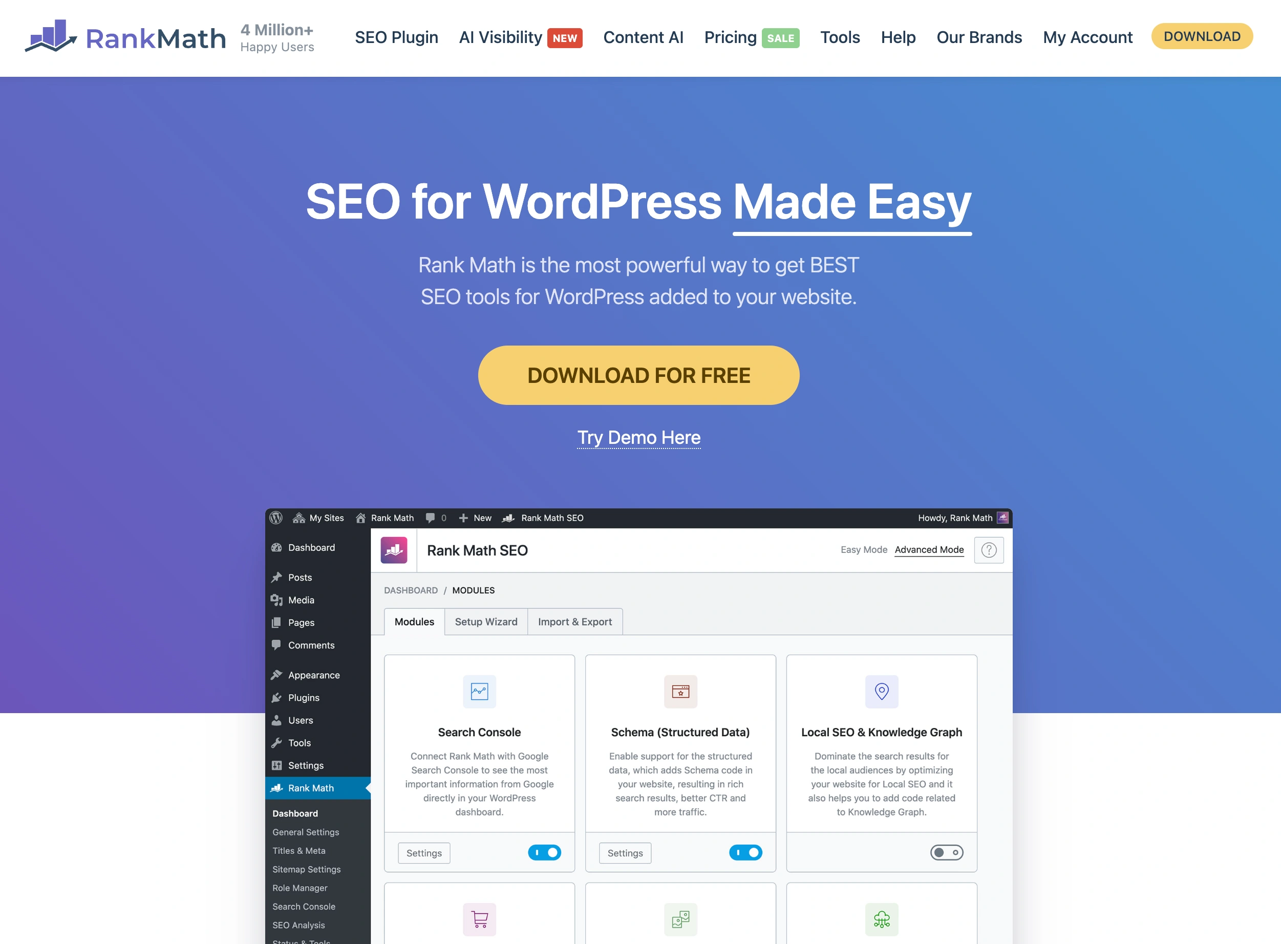 Interface du plugin SEO WordPress Rank Math