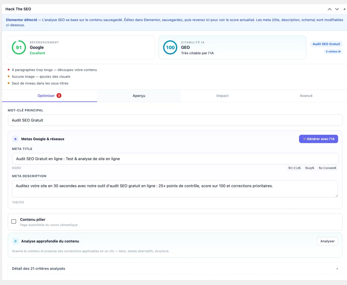 Score GEO et SEO sur 100 calculé en direct dans l'éditeur WordPress avec Hack The SEO