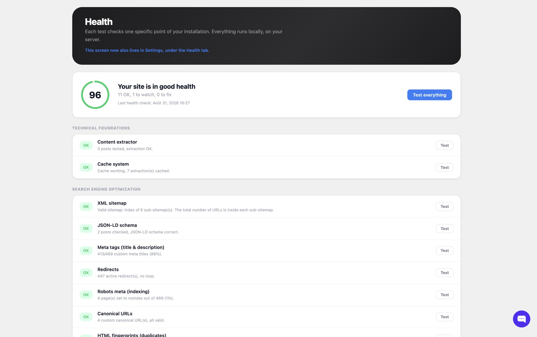 Hack The SEO health screen: health score 96 out of 100, 11 tests passing, 1 to watch, 0 to fix.
