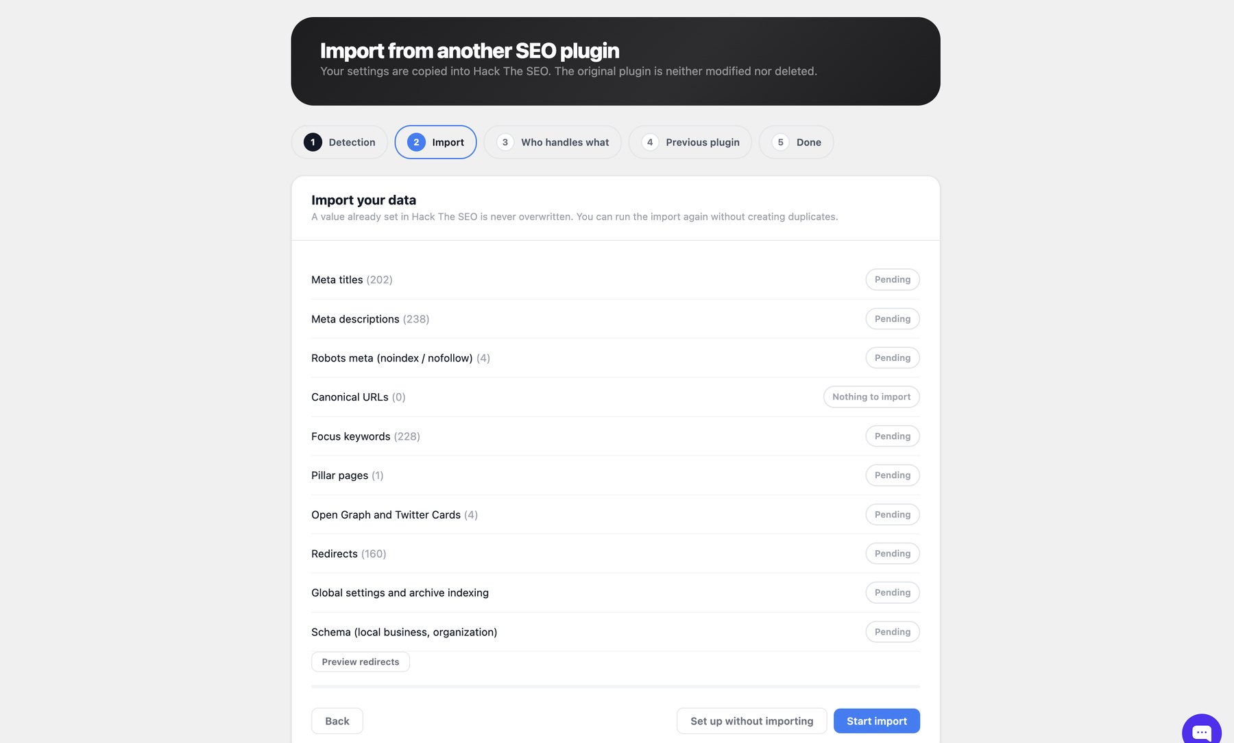 Import wizard from another SEO plugin: 202 meta titles, 238 meta descriptions, 228 focus keywords and 160 redirects pending import.