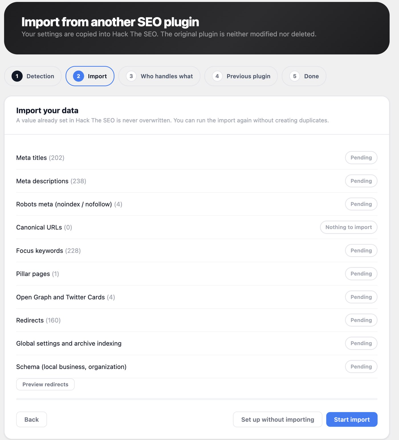 Migration wizard importing 202 meta titles, 238 meta descriptions, 228 focus keywords and 160 redirects from another WordPress SEO plugin