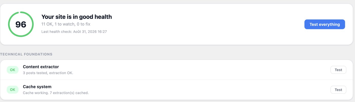 Hack The SEO health check scoring the site 96 out of 100, with the XML sitemap, JSON-LD schema and meta tags all verified against the rendered HTML