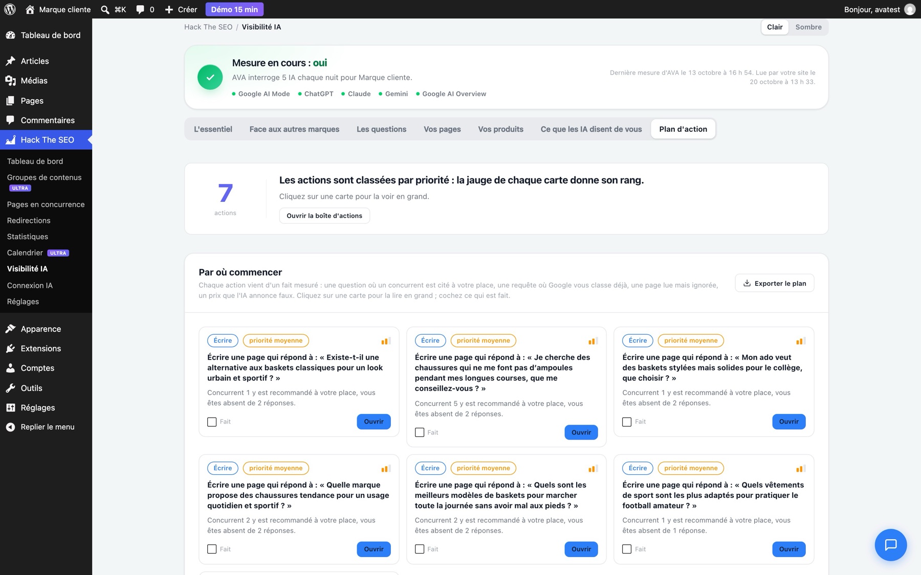 The plugin's Action plan section: seven actions ranked by priority, cards with Open and Done, plan export
