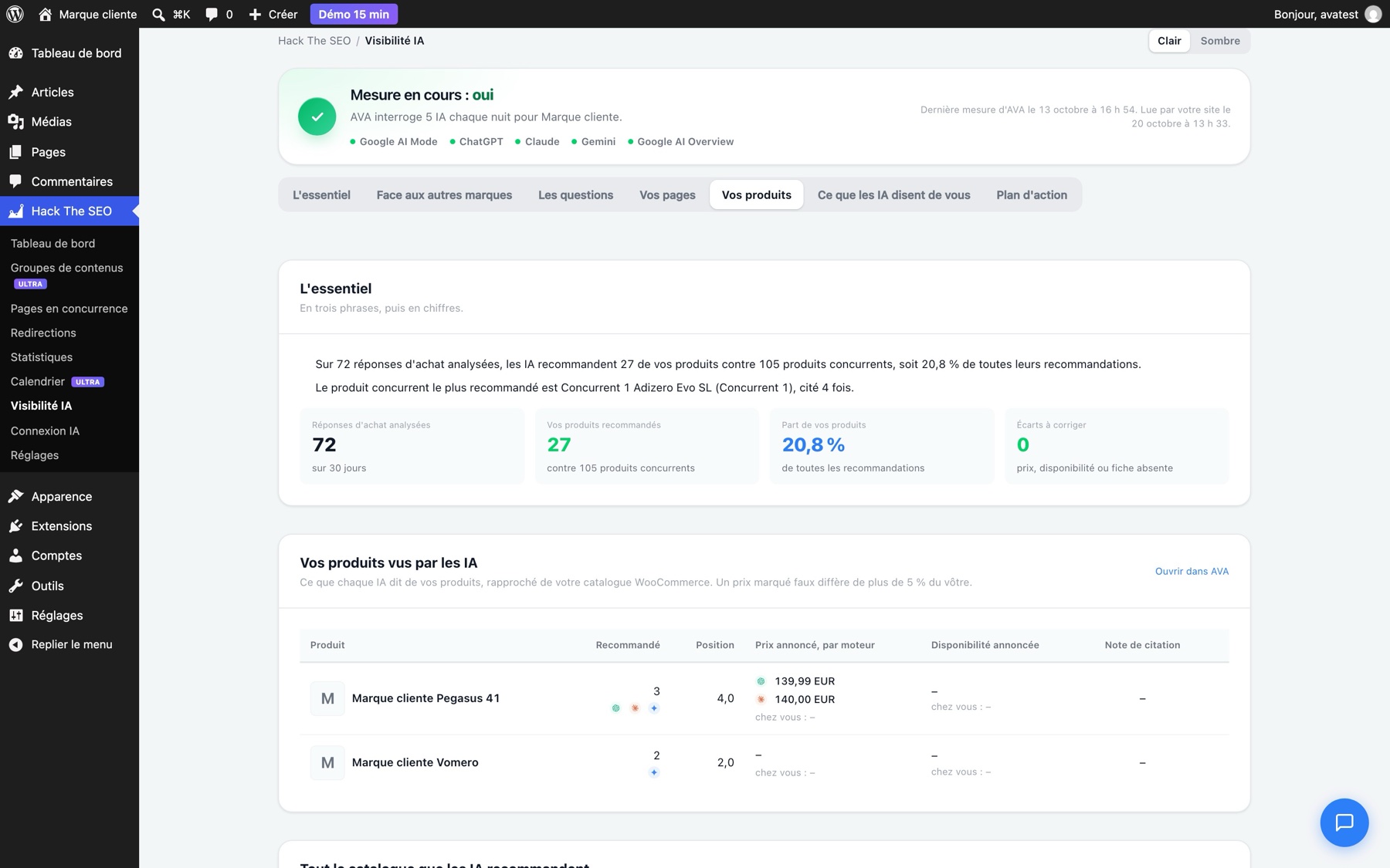 The plugin's Your products section: shopping answers analyzed, recommended products, price quoted by each engine, availability, gaps to fix