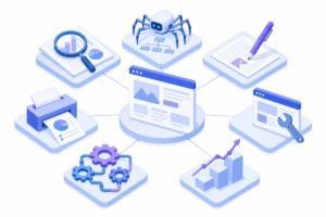 Schéma des 7 catégories d'outils d'automatisation SEO autour d'une page web : recherche, audit technique, contenu...