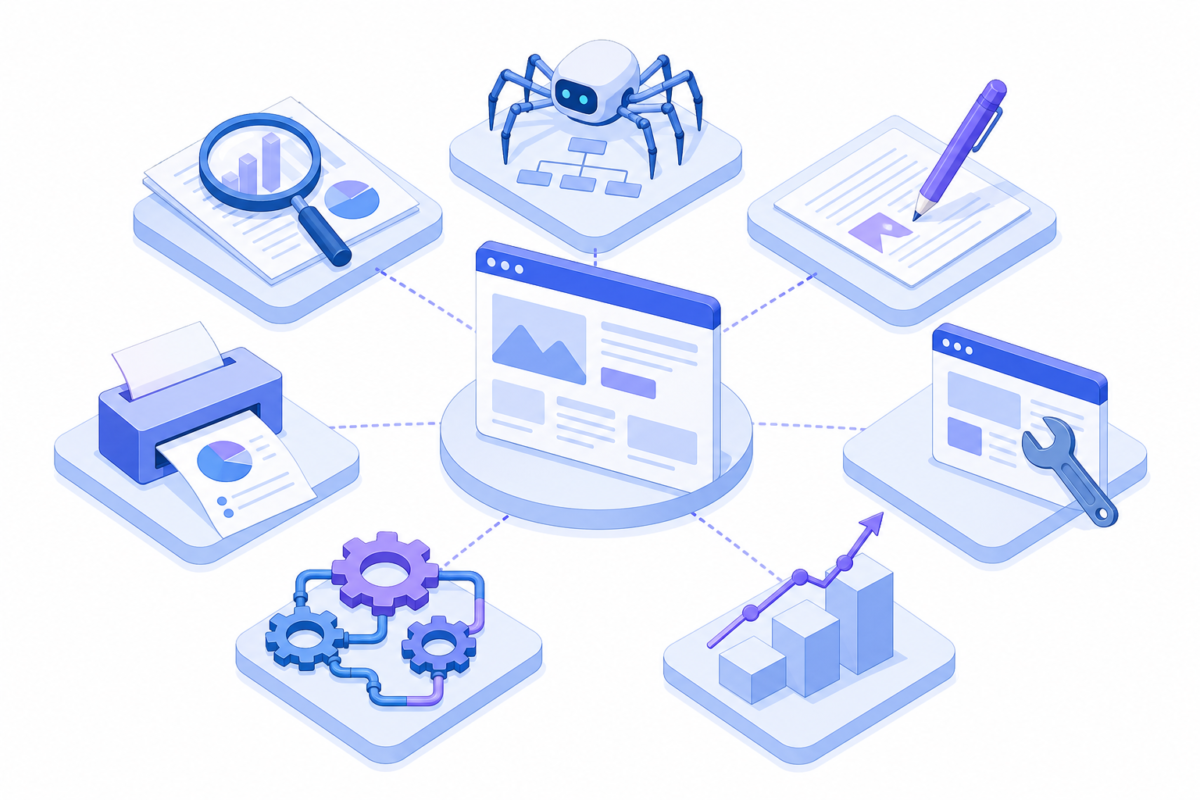 Schéma des 7 catégories d'outils d'automatisation SEO autour d'une page web : recherche, audit technique, contenu...