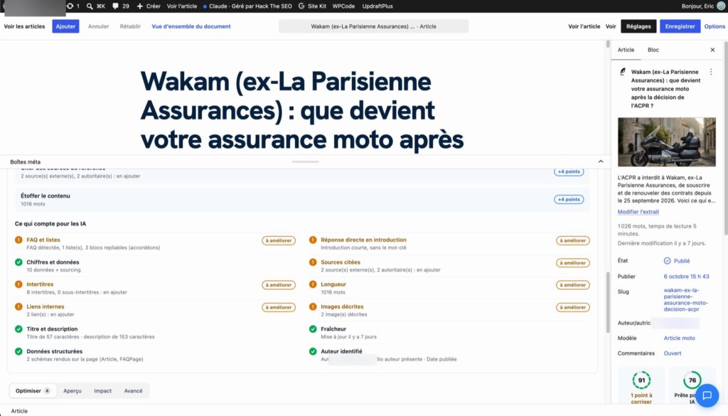 The 12 GEO criteria checked on a WordPress page