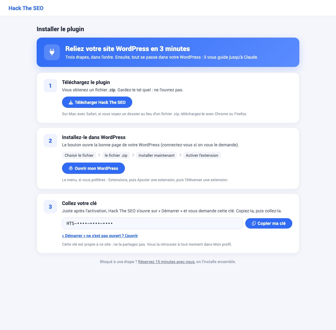The Install the plugin page of the Hack The SEO account, with the download button and, at the bottom, the key and its copy button