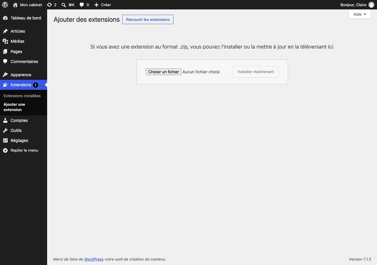 The WordPress Add New Plugin screen with the Upload Plugin button