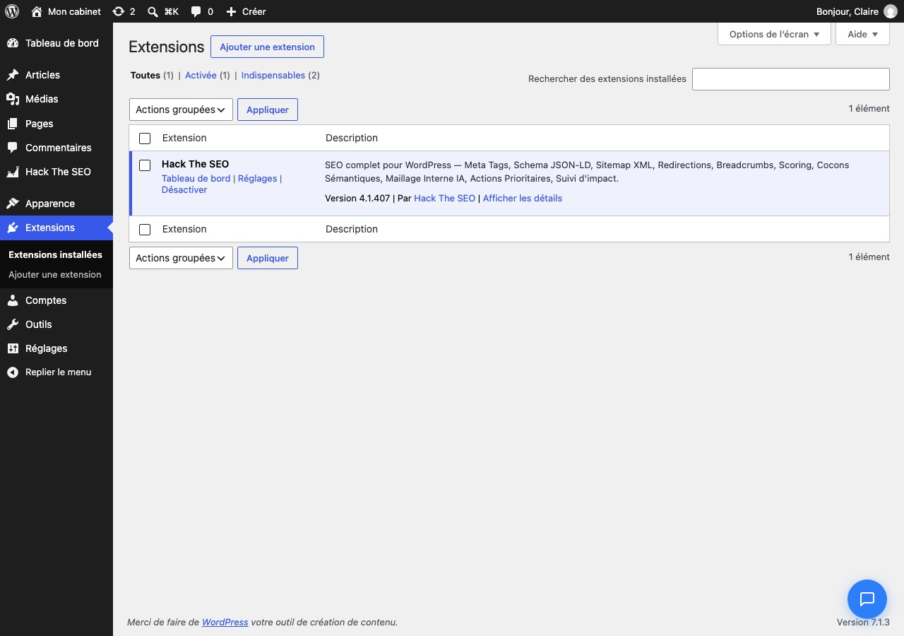 The WordPress plugin list, with Hack The SEO activated