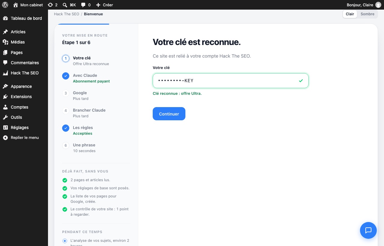 The Hack The SEO Get started screen with the key field and the Continue button