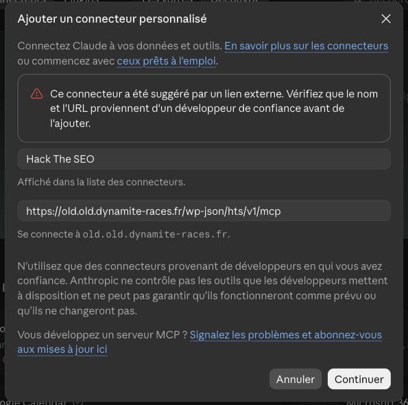 Claude's Add custom connector window, with the name Hack The SEO and the site address already filled in, and the Continue button