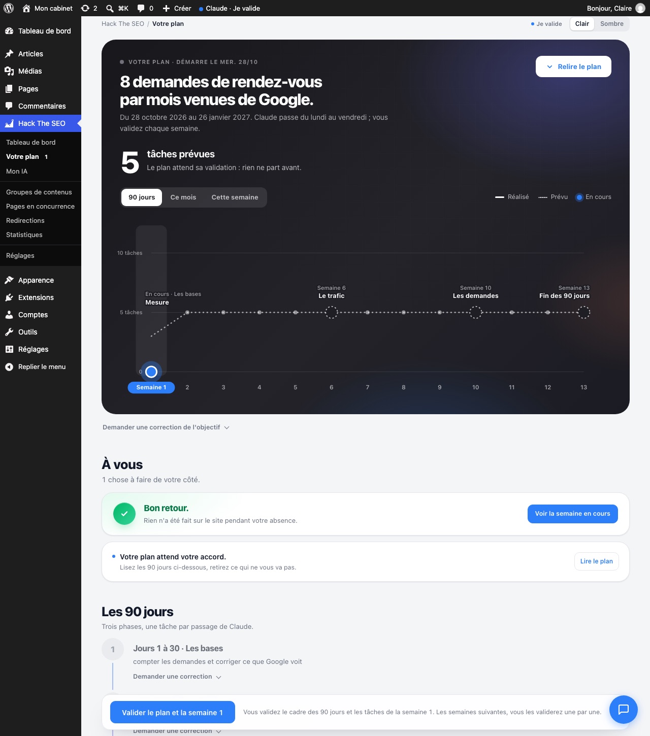 The Hack The SEO Your plan screen with an example plan