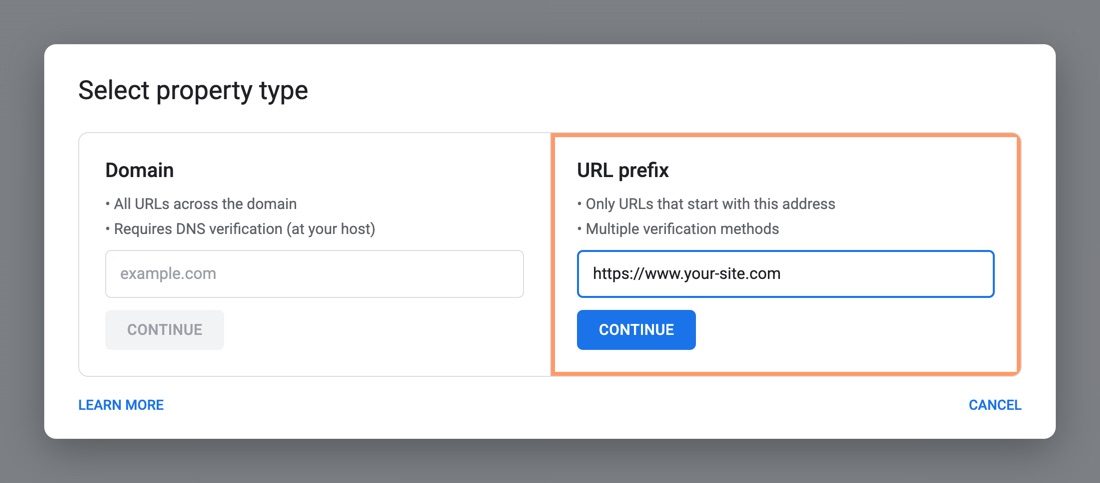 Diagram of the Search Console Select property type window: the URL prefix option, the site address and the Continue button
