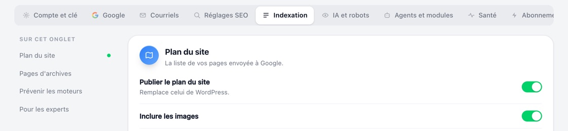 Hack The SEO settings, Indexation tab, with the Pour les experts link in the left column