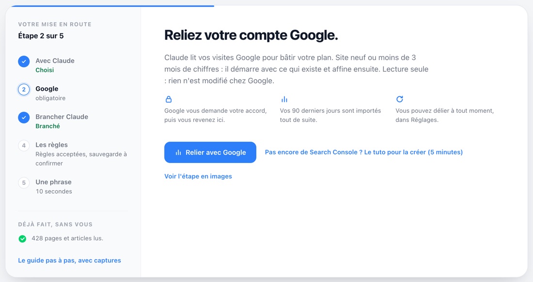 The Hack The SEO Démarrer screen at the Google step, with the Relier avec Google button