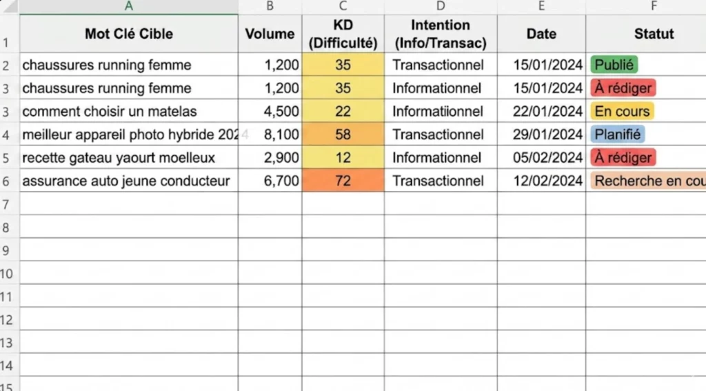 Planification éditoriale : bâtir un calendrier SEO avec un générateur de mots clés 3 Exemple de calendrier éditorial SEO intégrant les métriques de mots clés volume et difficulté