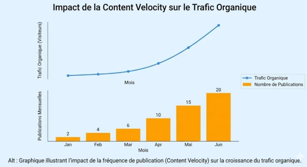 Planification éditoriale : bâtir un calendrier SEO avec un générateur de mots clés 2 Graphique illustrant l'impact de la fréquence de publication (Content Velocity) sur la croissance du trafic organique.