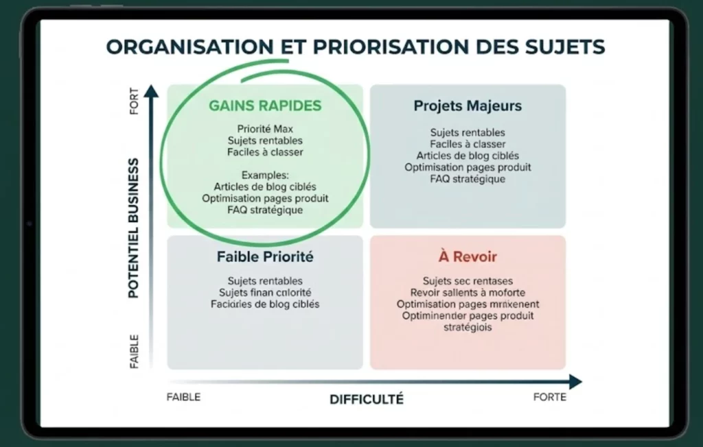 Planification éditoriale : bâtir un calendrier SEO avec un générateur de mots clés 1 Matrice de priorisation des contenus SEO pour identifier les gains rapides dans la planification.
