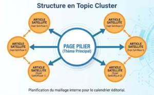Schéma de structure en Topic Cluster pour planifier le maillage interne SEO dans le calendrier éditorial.